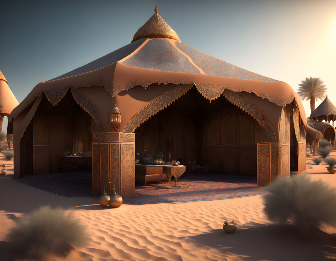 Ornate Decorated Desert Tent Among Sand Dunes