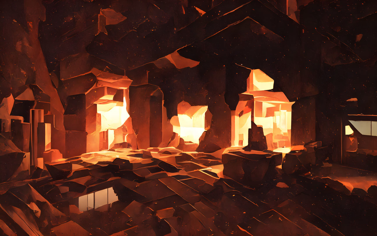 Abstract geometric cave in warm orange light with bright glows and deep shadows