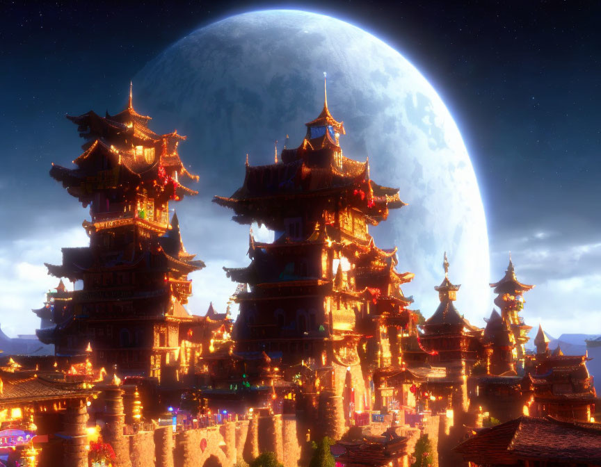 Nighttime view of illuminated Asian pagoda-style buildings under large moon