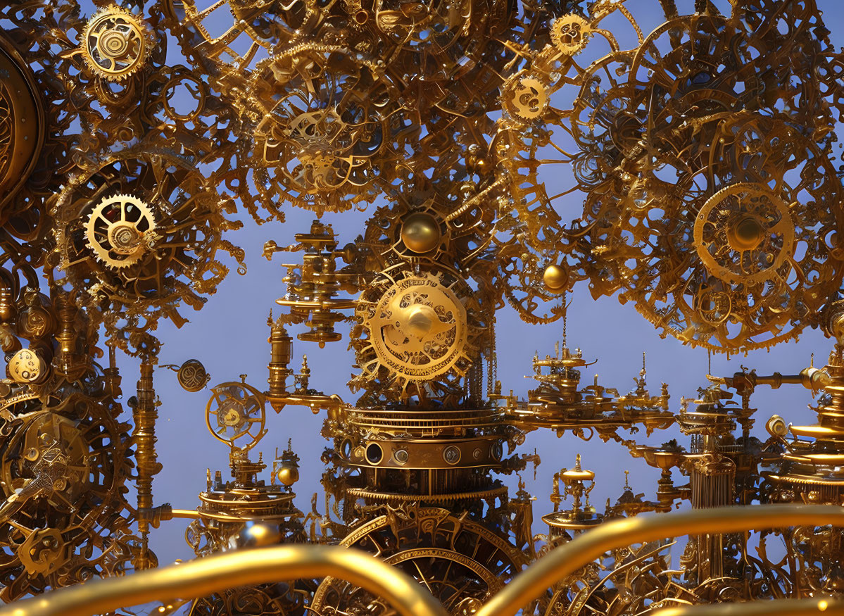 Detailed Steampunk-Inspired Golden Gears on Blue Background