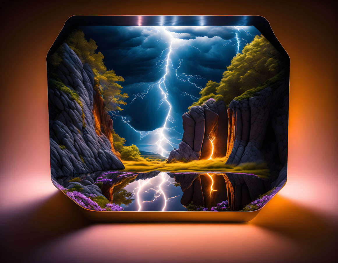 Curved screen displays vibrant digital artwork of stormy canyon