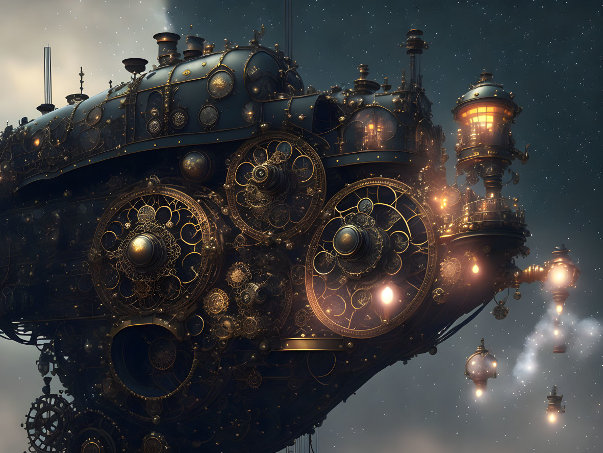 Intricate steampunk airship with glowing lights and gears against starry sky