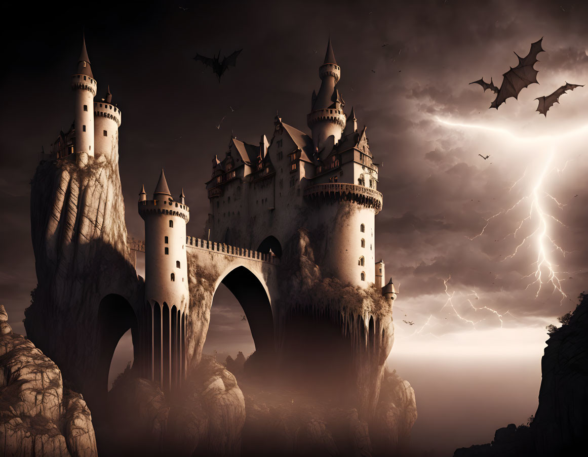 Gothic castle on cliff during storm with lightning and bats.