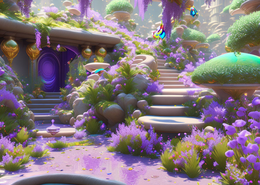 Fantasy Garden with Purple Flora and Floating Lanterns