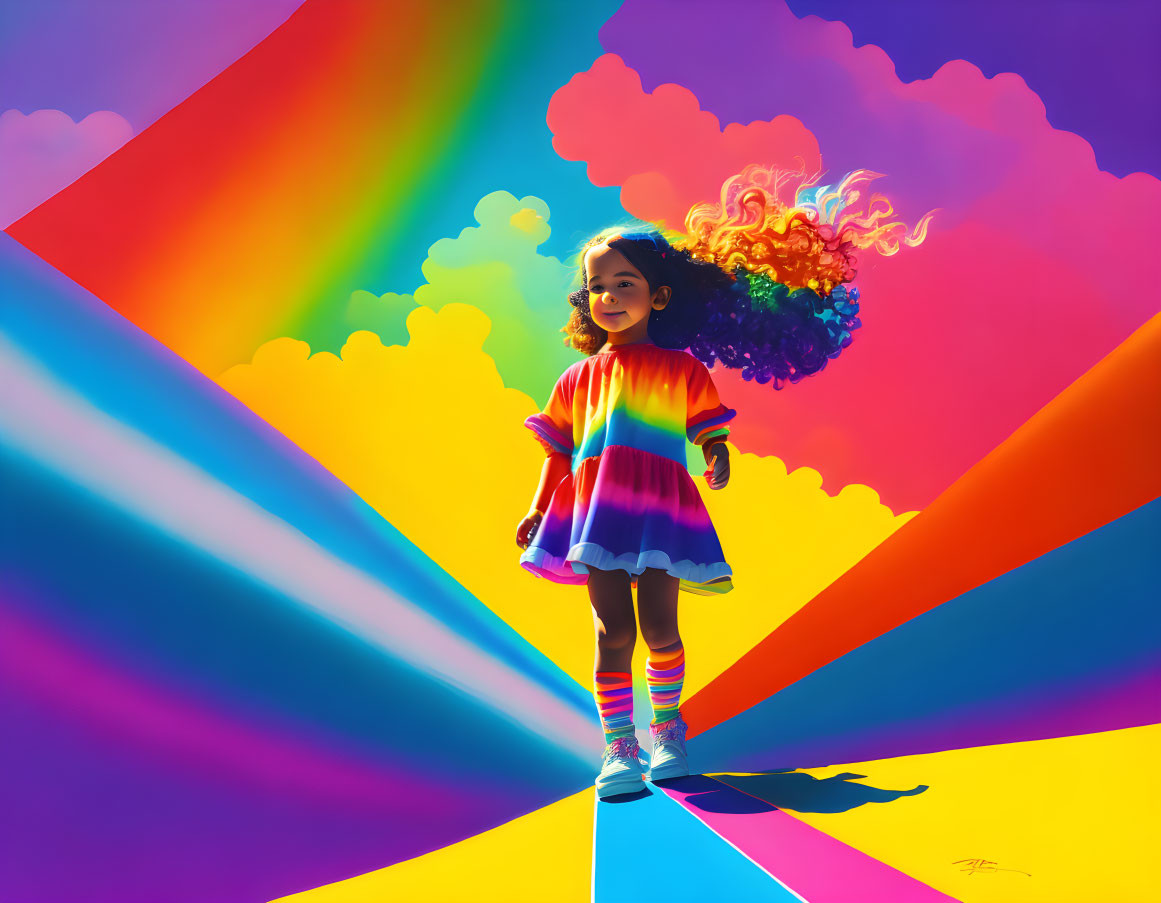 Colorful striped dress girl stands on rainbow paths under vibrant sky