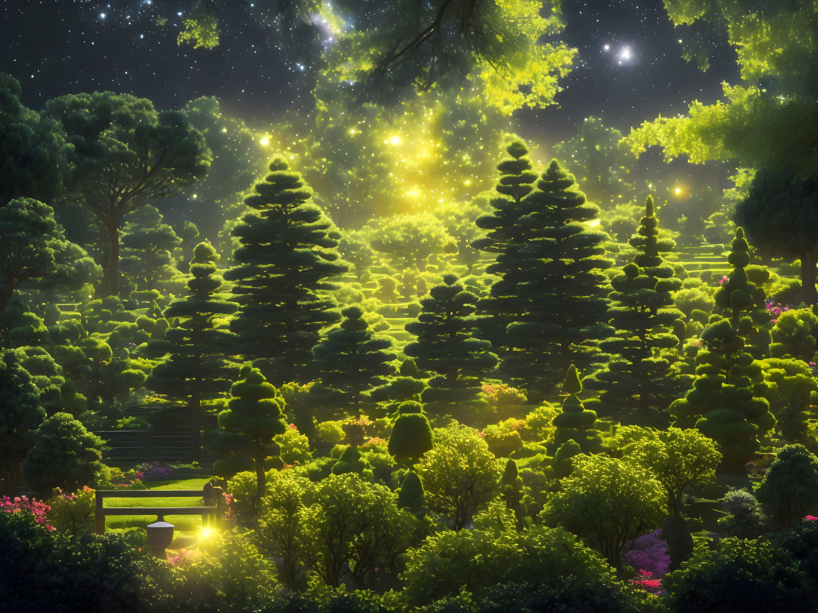 Nighttime garden with fireflies, manicured trees, and star-filled sky