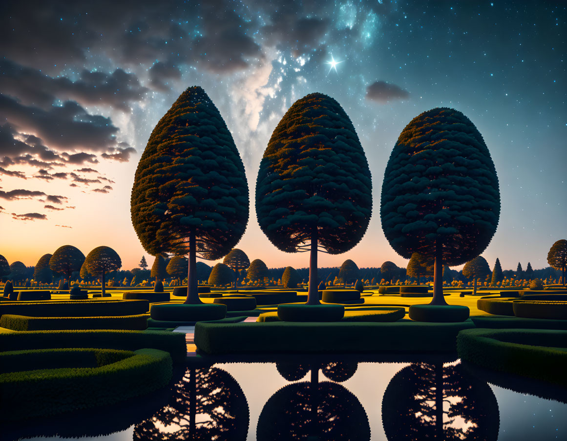 Serene garden with symmetrical topiary trees at twilight