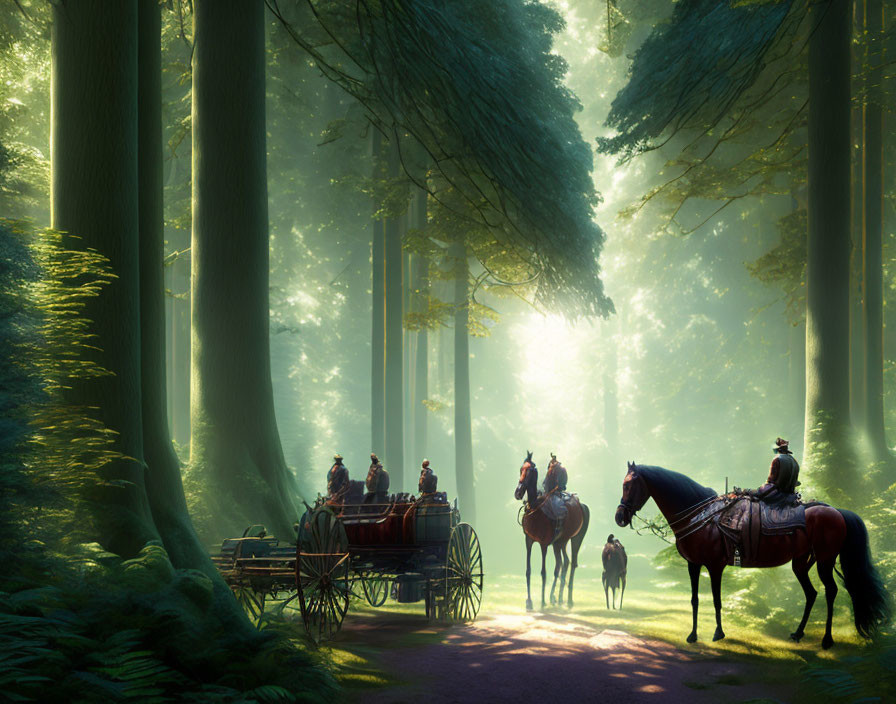 Serene forest landscape with horse-drawn carriage in sunlight