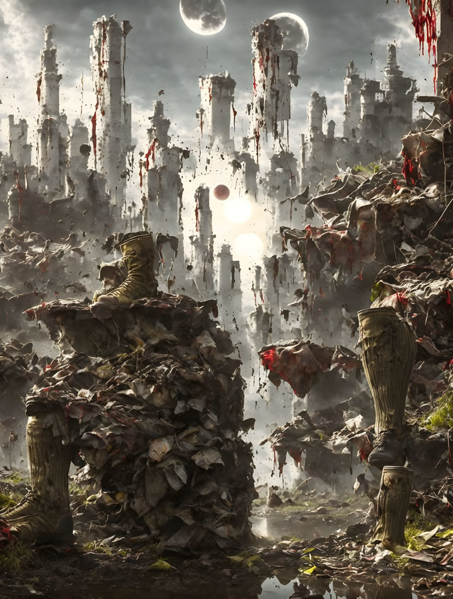 Ethereal post-apocalyptic landscape with floating islands and giant human statuary.