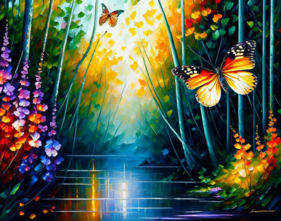 Sunlit Forest Oil Painting with Flowers, Butterflies, and Reflective Water