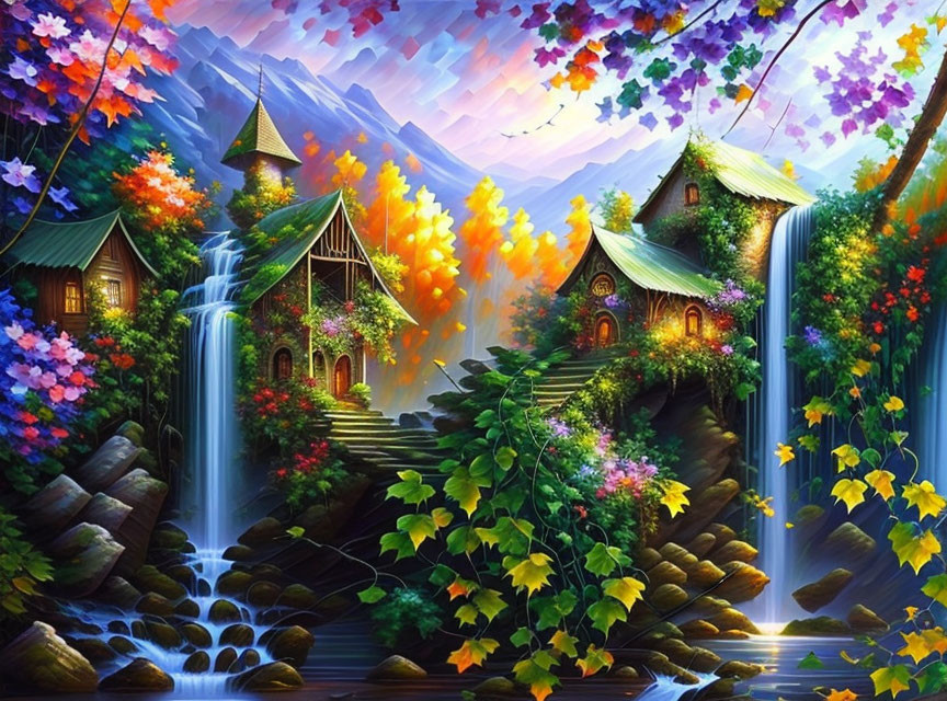 Colorful fantasy landscape with cottages, waterfalls, and vibrant flora under a purple sky