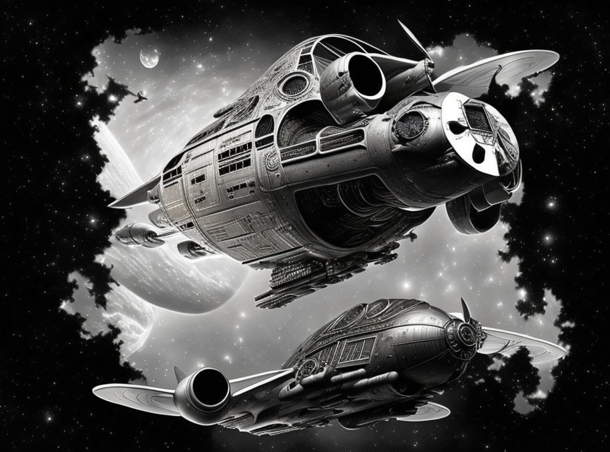 Monochrome image of vintage spacecrafts in starry space