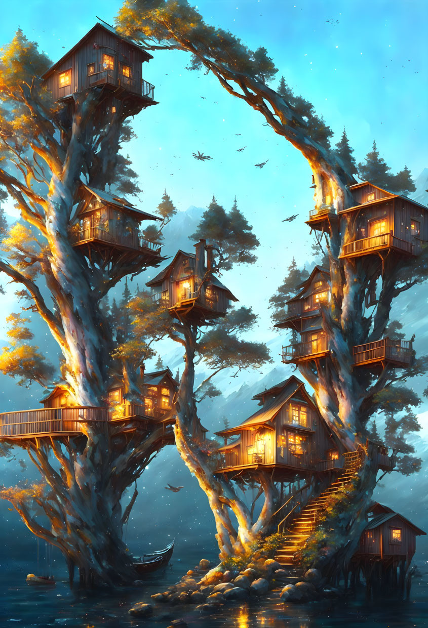 Magical treehouses in a tall, twisting tree with illuminated windows, linked by bridges and stairs under