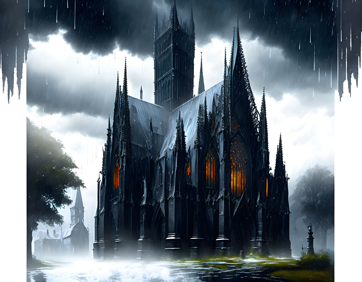 Gothic Cathedral in Stormy Sky with Rain and Illuminated Windows