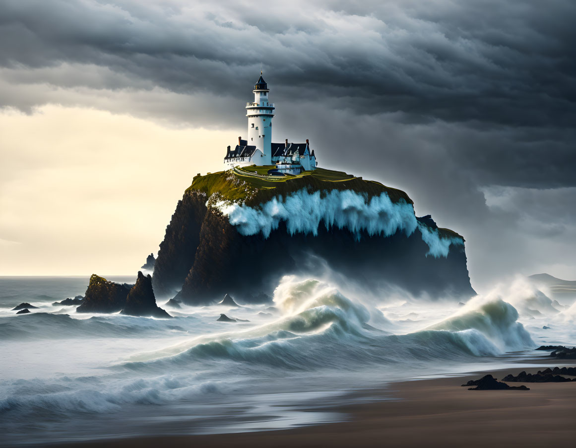 Lighthouse on Steep Cliff Amid Stormy Sky