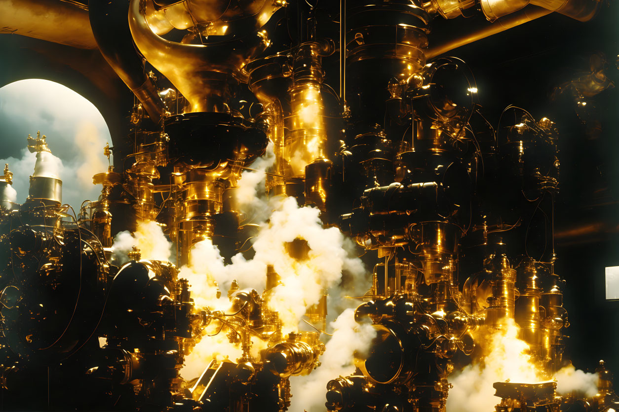 Industrial machinery with pipes and valves emitting steam in warm golden light