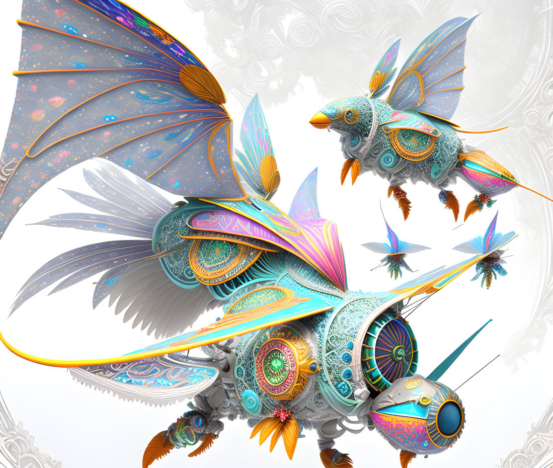 Colorful digital artwork of intricate mechanical birds in flight