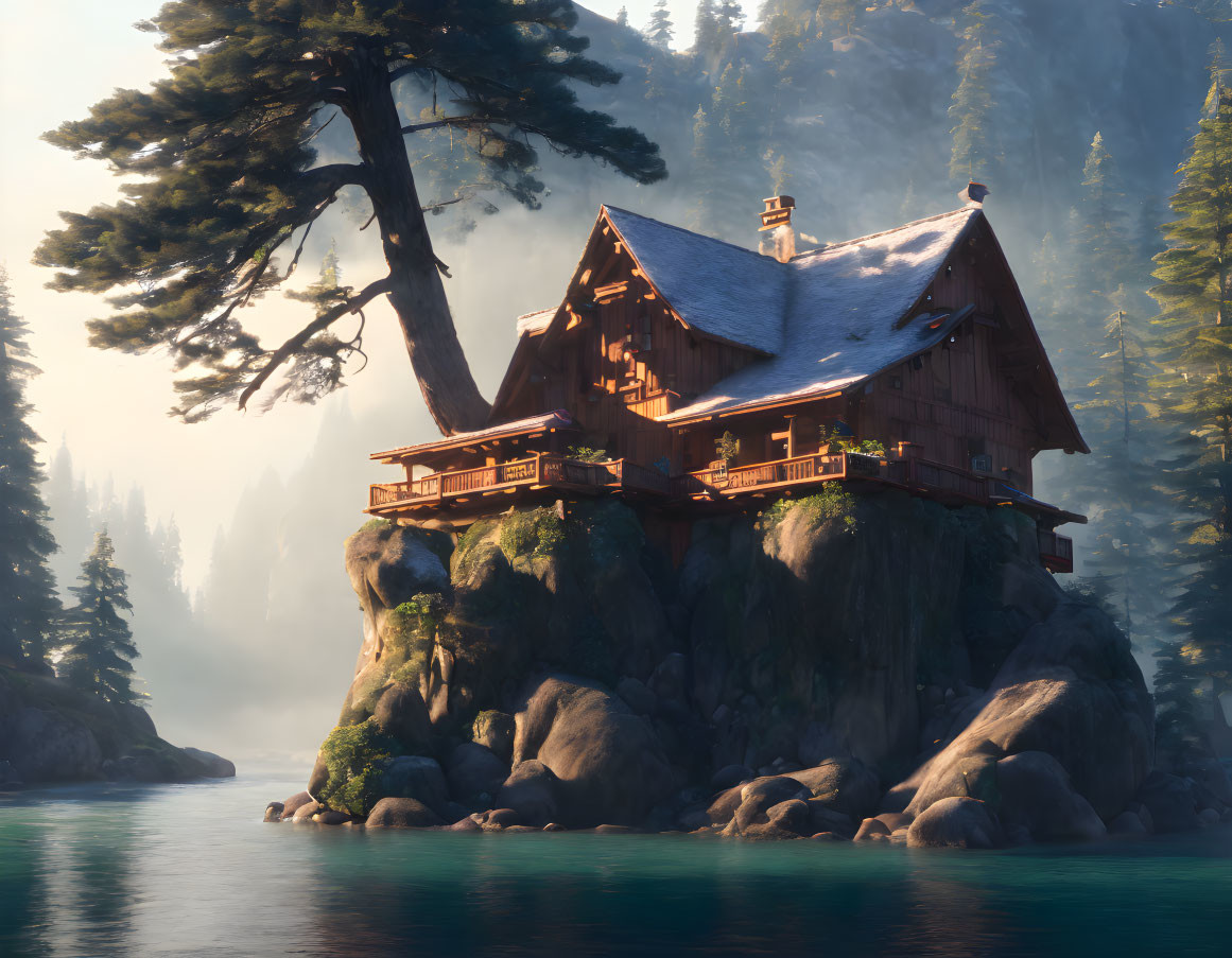 Rustic wooden cabin on rocky outcrop at sunrise surrounded by pine trees