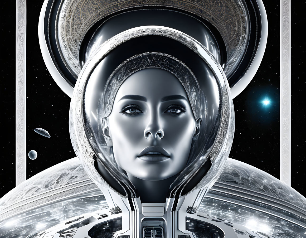 Detailed futuristic female android helmet in space.