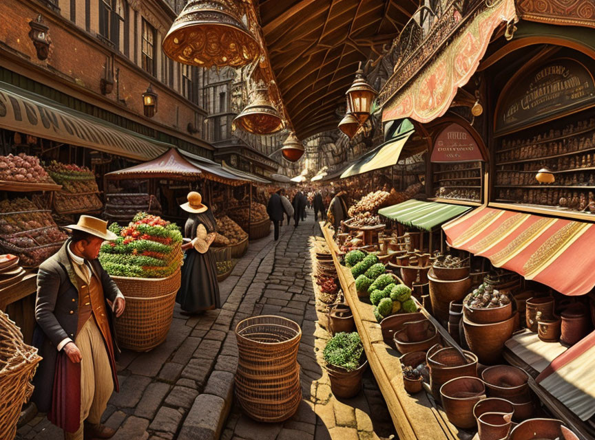 Historical market scene with people in period attire and fresh produce baskets