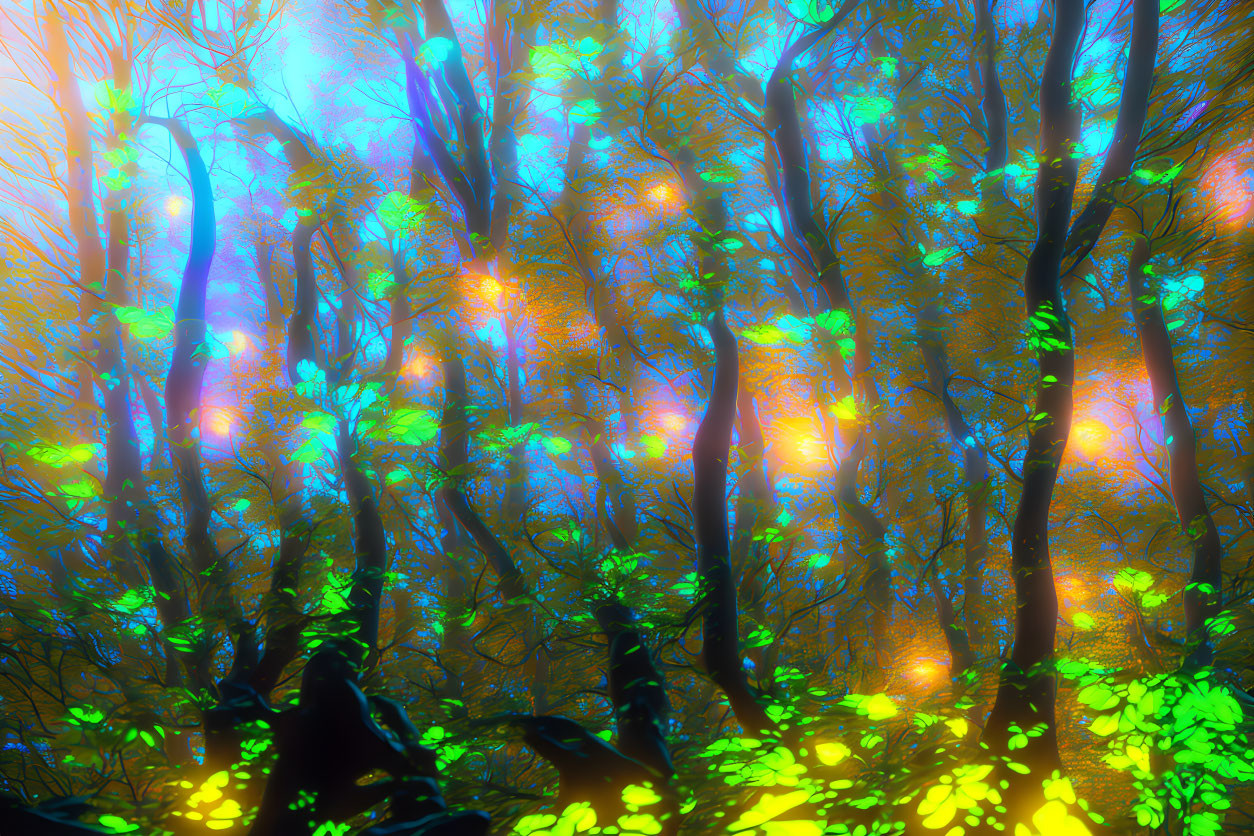 Neon-colored digital forest with glowing foliage and illuminated tree trunks