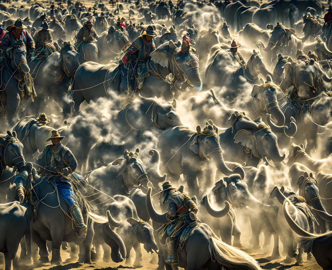 Traditional horse riders in dynamic scene with swirling dust and glowing light