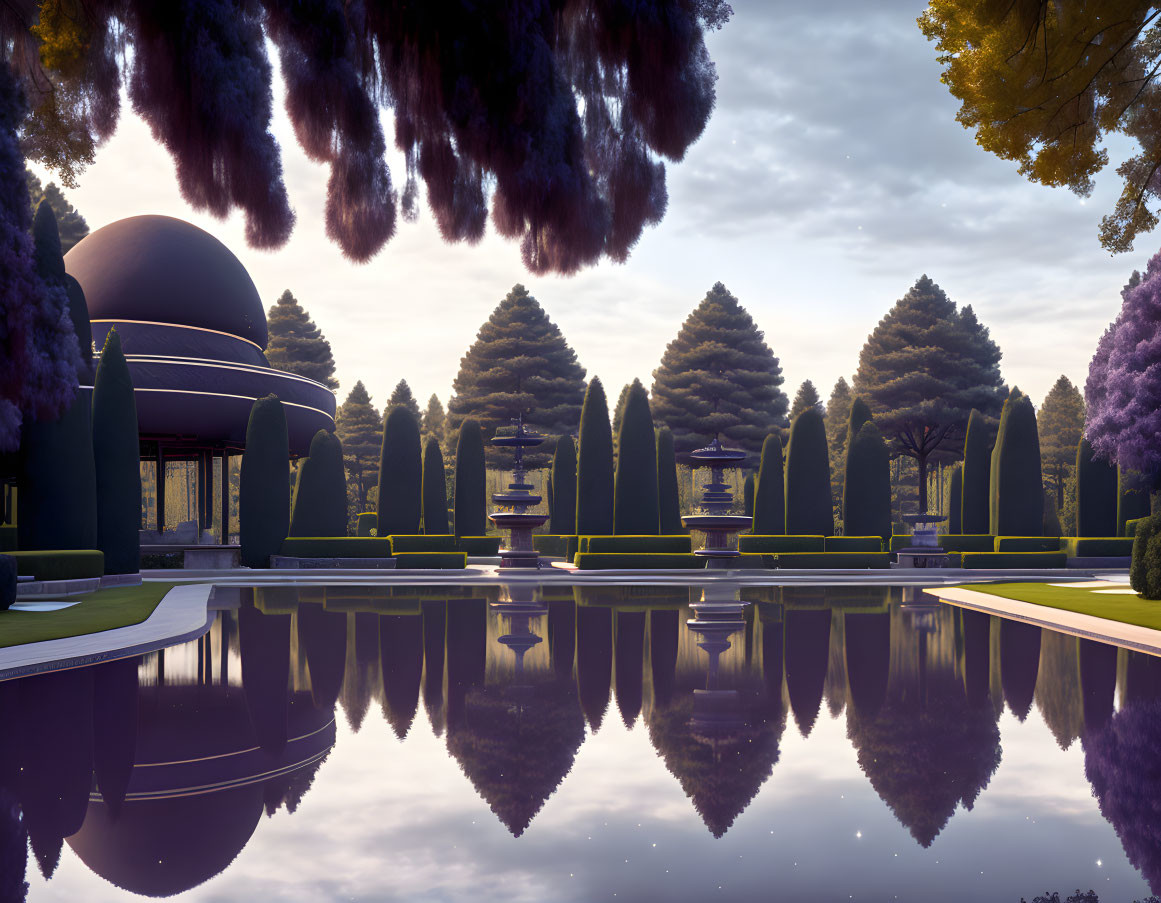 Symmetrical topiary trees and dome structure in serene landscape