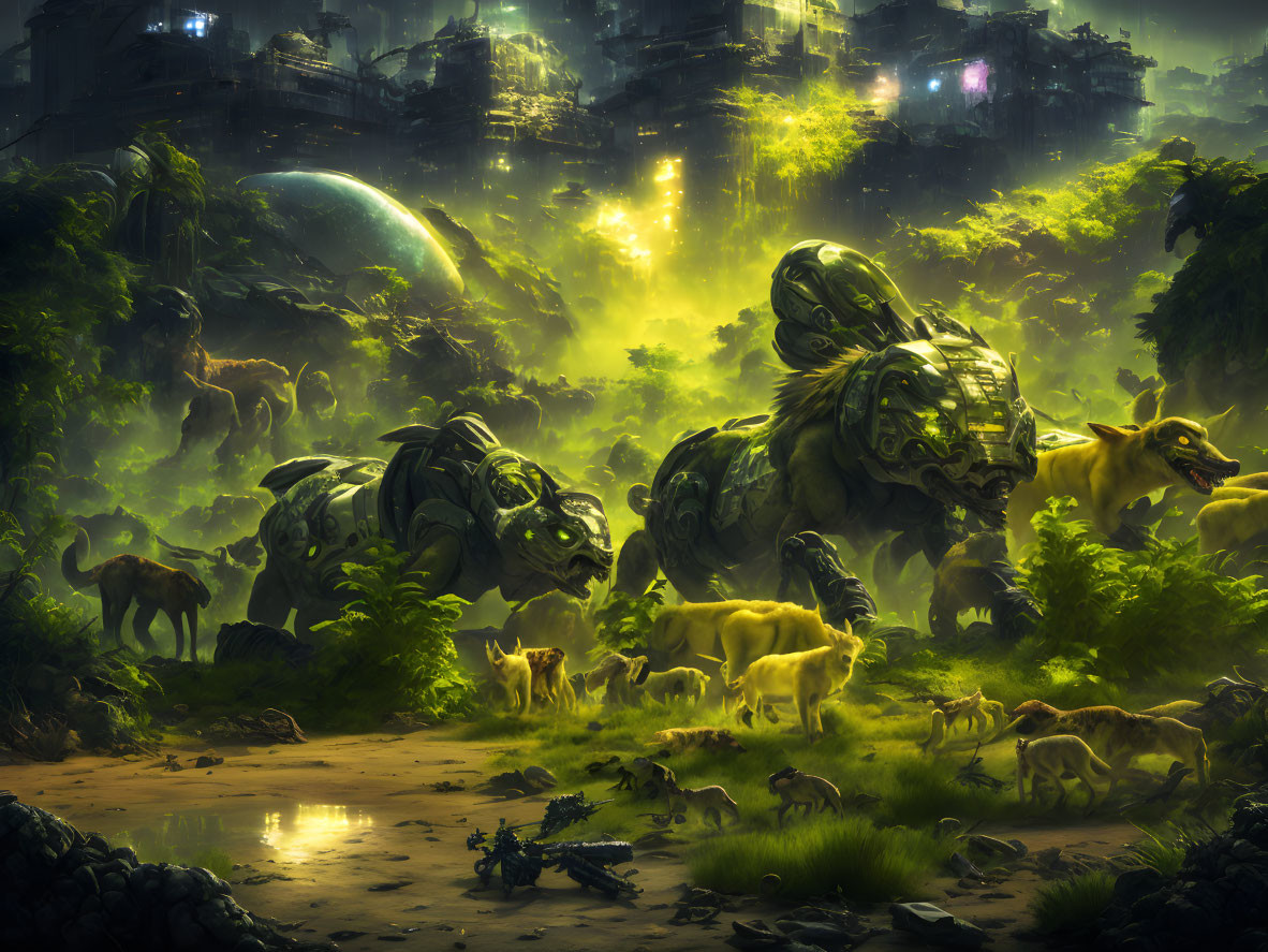 Futuristic jungle with robotic structures and wild animals in glowing sky