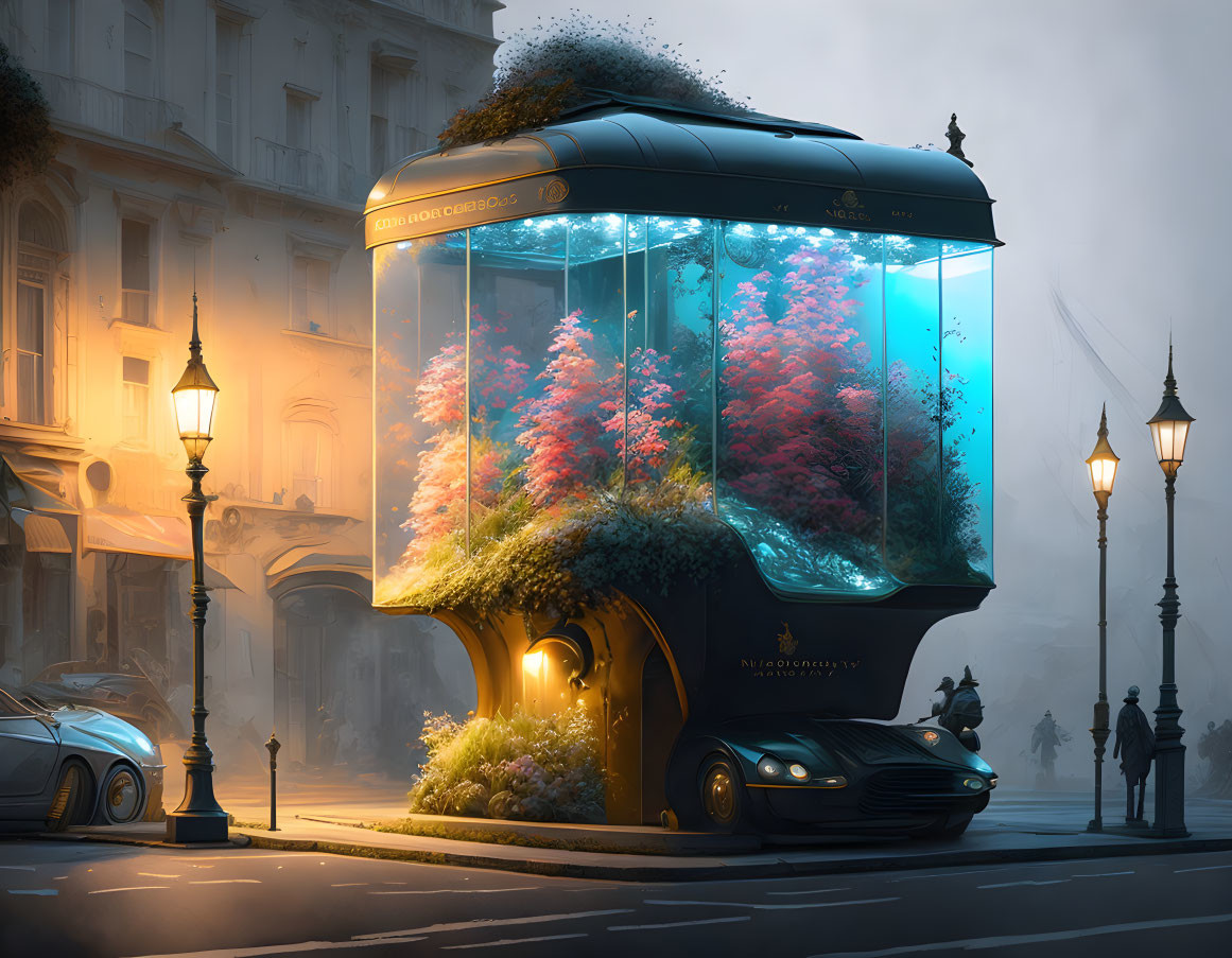 Ornate aquarium bus stop in fantastical urban scene