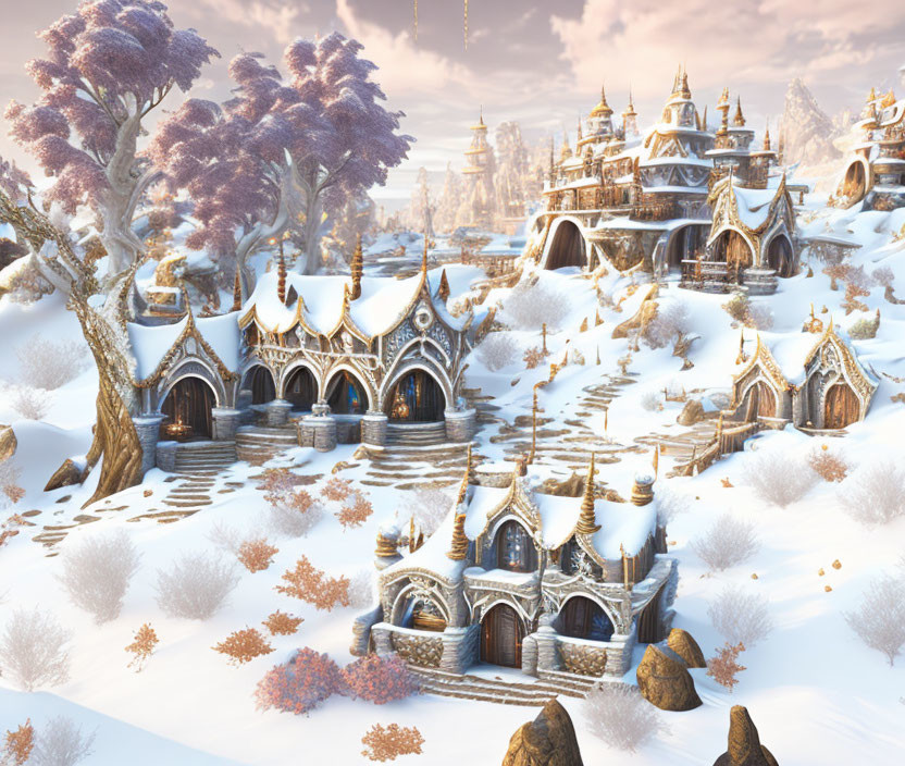 Fantasy snowy landscape with castle-like buildings and purple trees