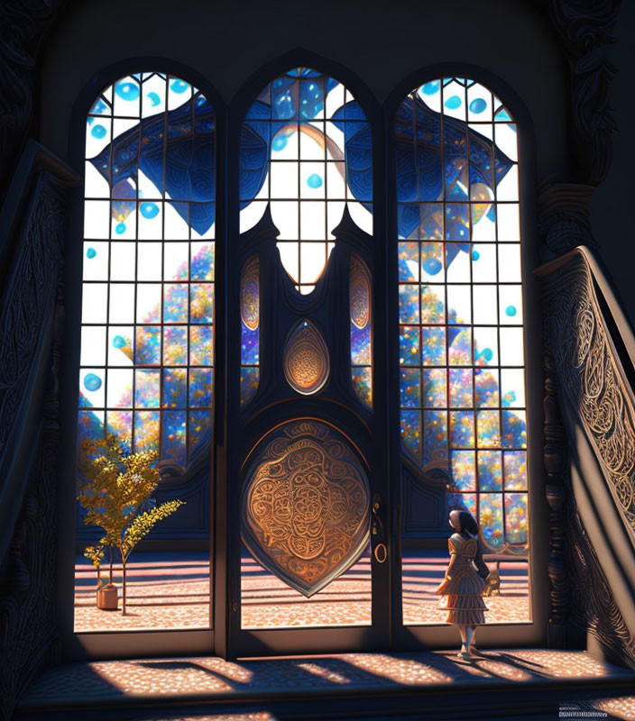 Girl standing by ornate door with golden handle, colorful light and stained glass windows.