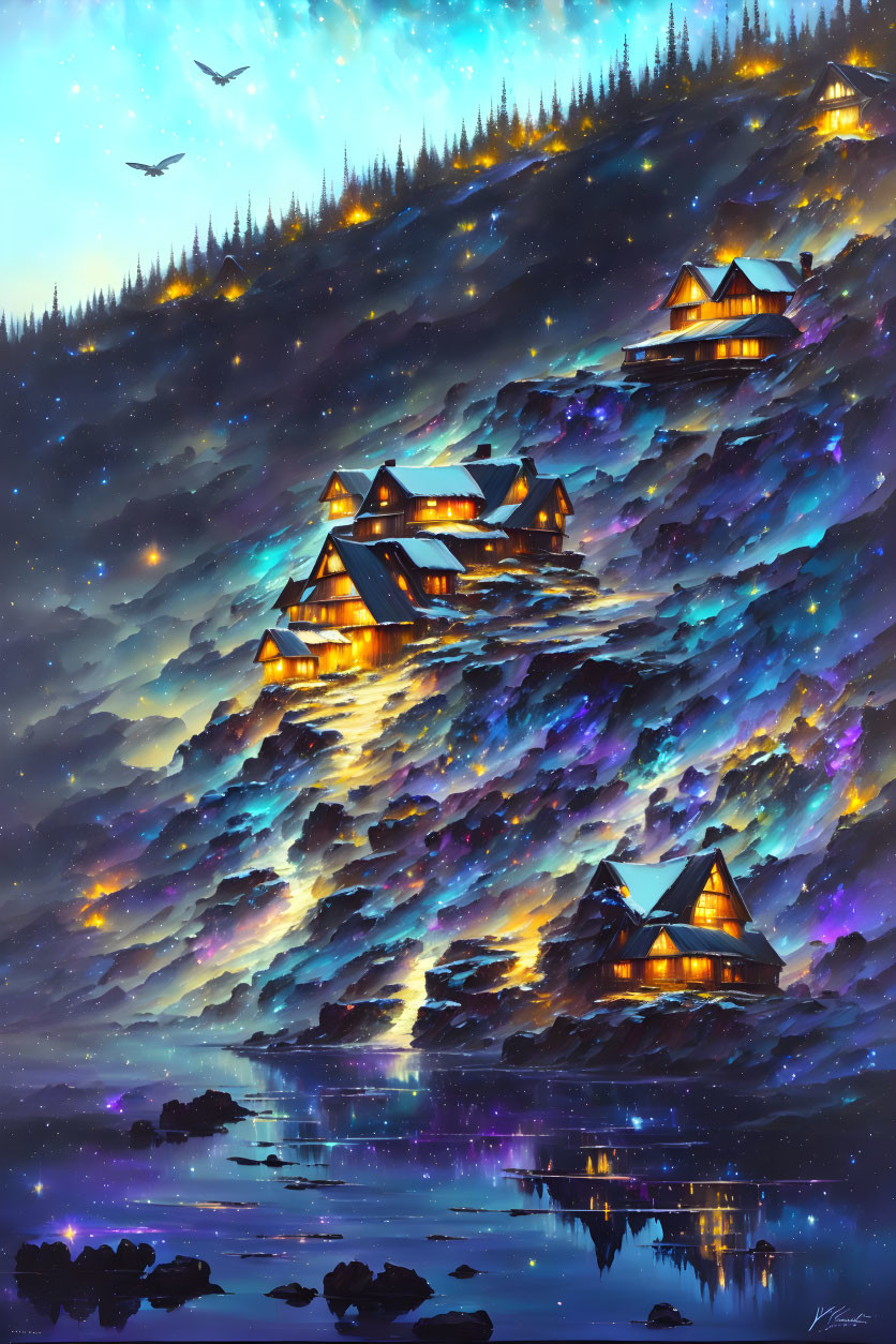 Snowy mountain slope cabins illuminated under starry night sky