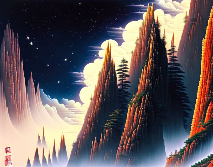 Stylized landscape with towering trees and cliffs under starry sky