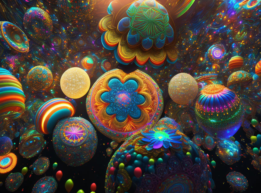 Colorful 3D fractal environment with intricate patterns in dark space