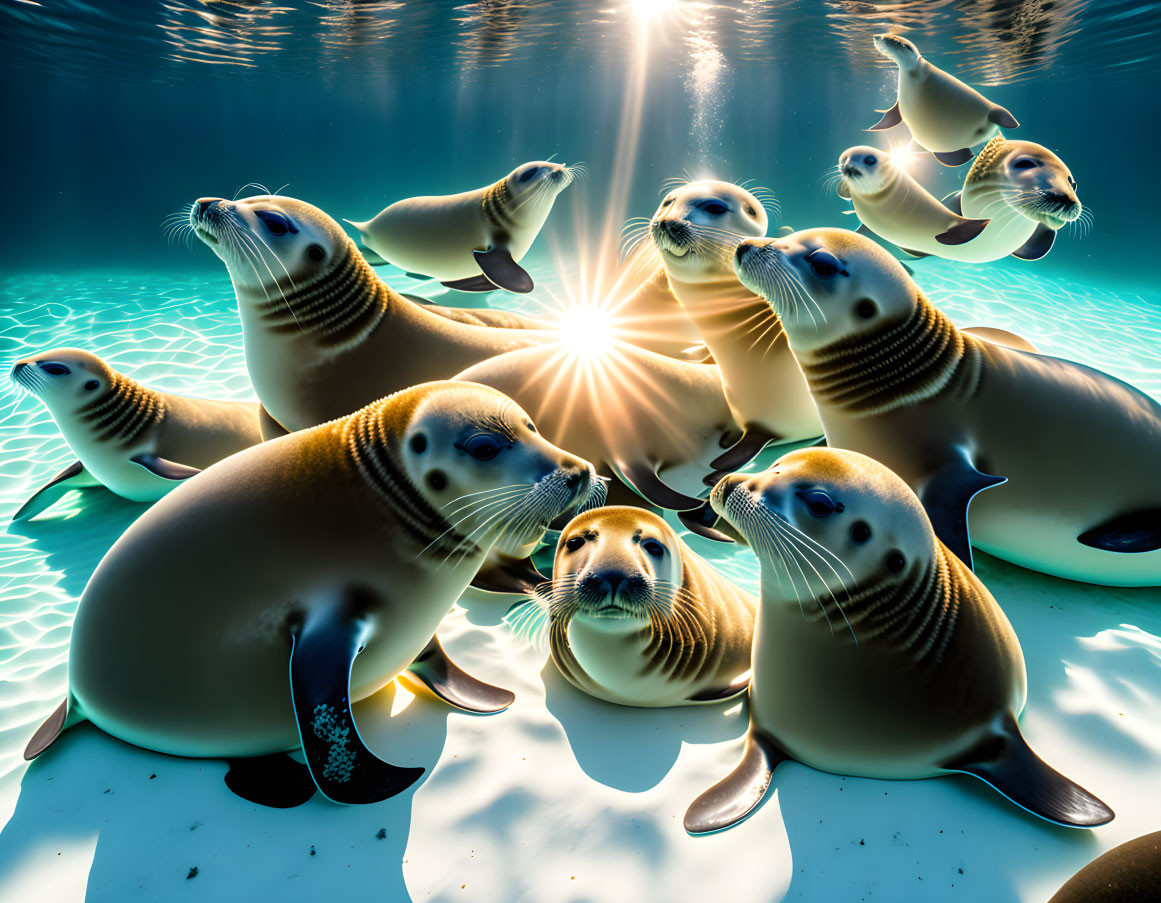 Seals basking underwater in sunlight with radiant sun rays.