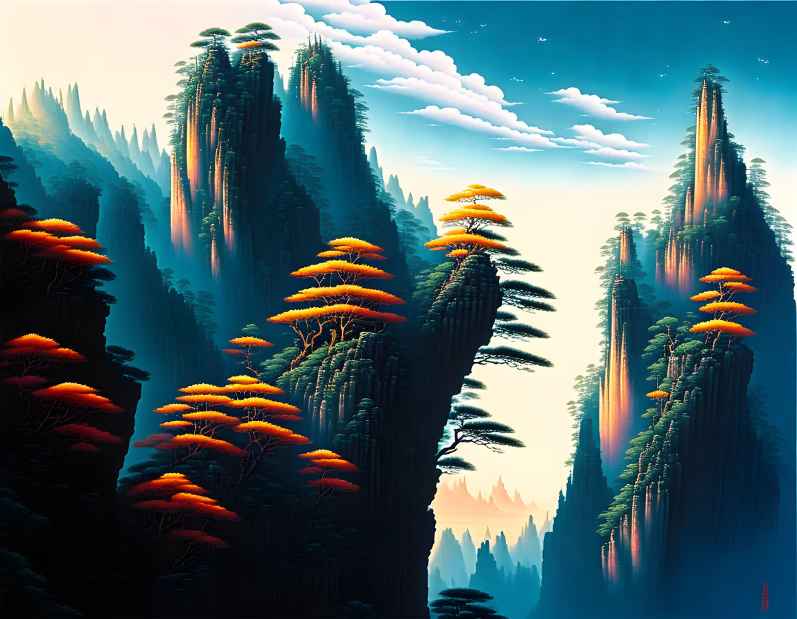 Scenic illustration: towering mountains, greenery, fiery treetops, dynamic sky.