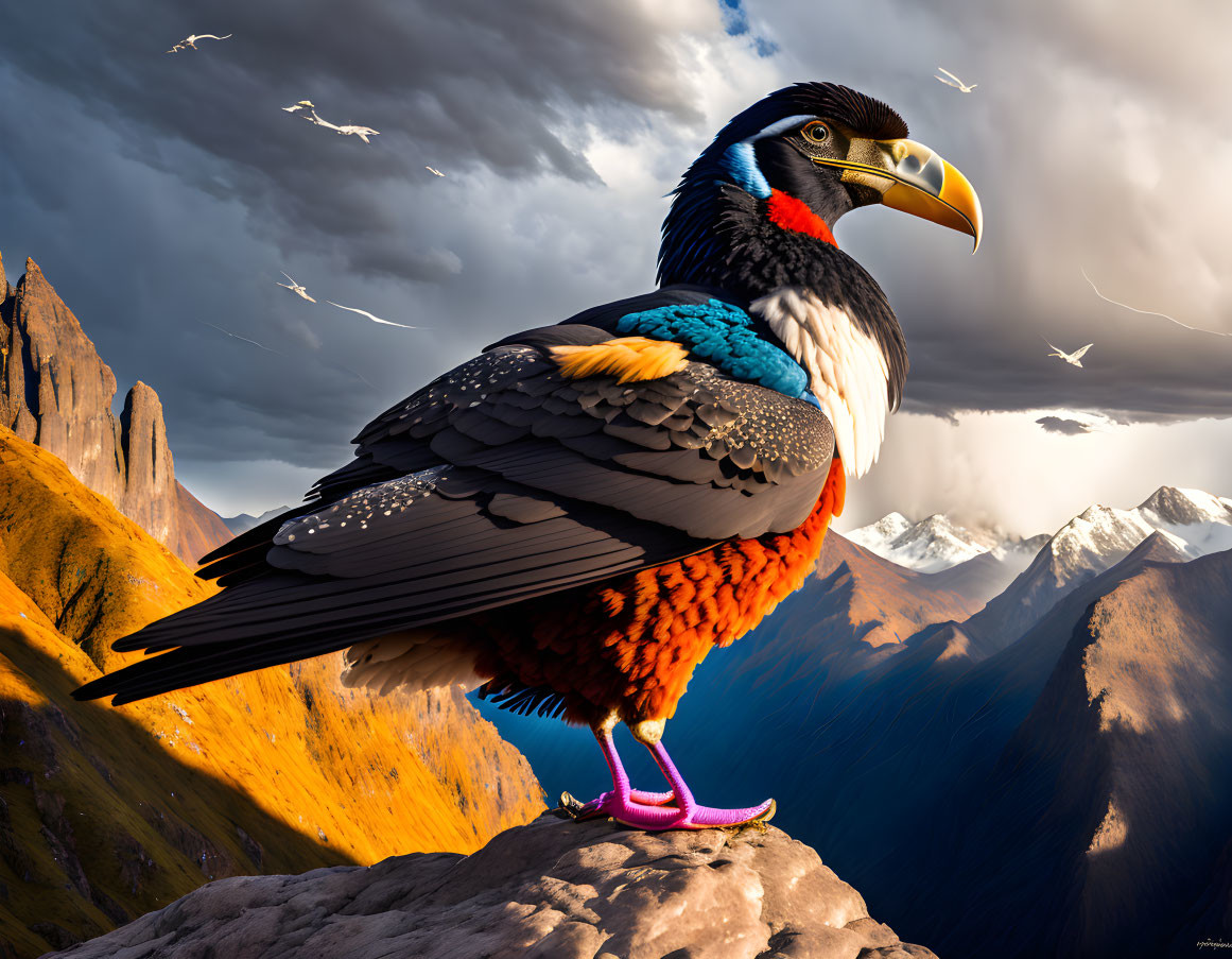 Colorful fantastical bird on mountain with animals & clouds