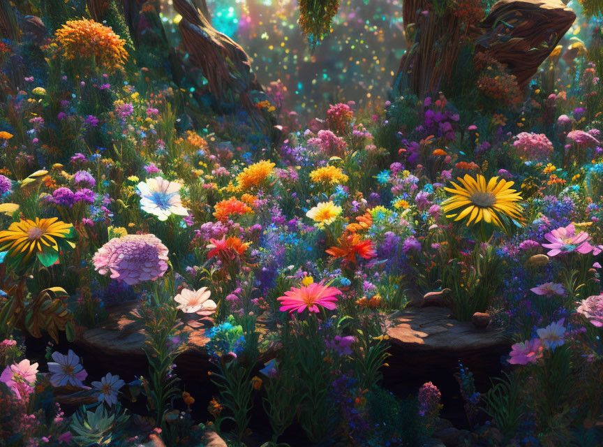 Colorful Flowers on Vibrant Forest Floor in Soft Sunlight