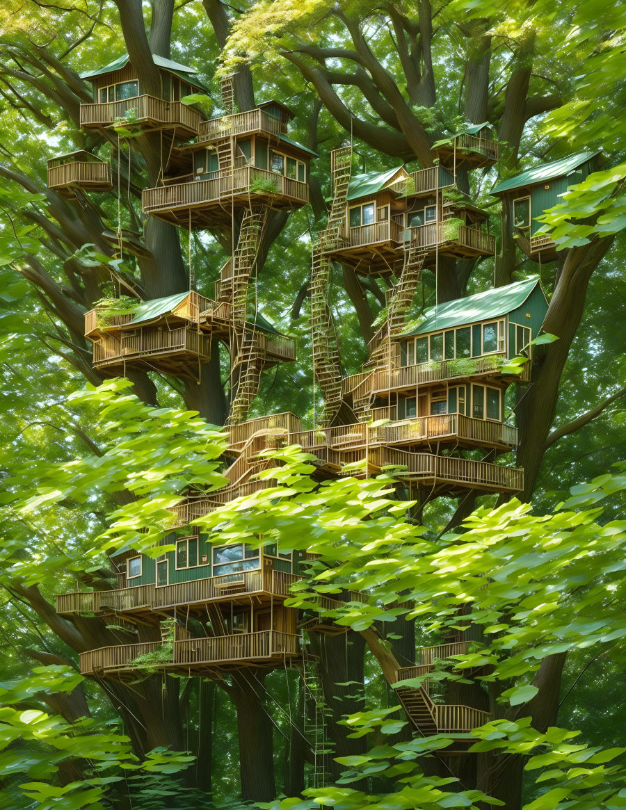 Intricate multi-level treehouse in lush green foliage