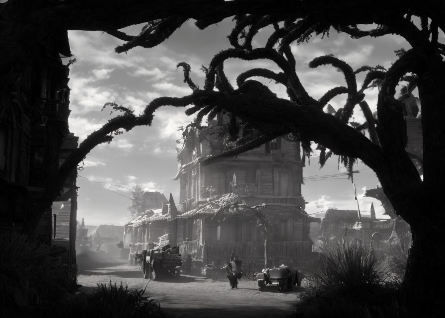 Vintage street scene with old buildings, classic car, and people under leafless trees