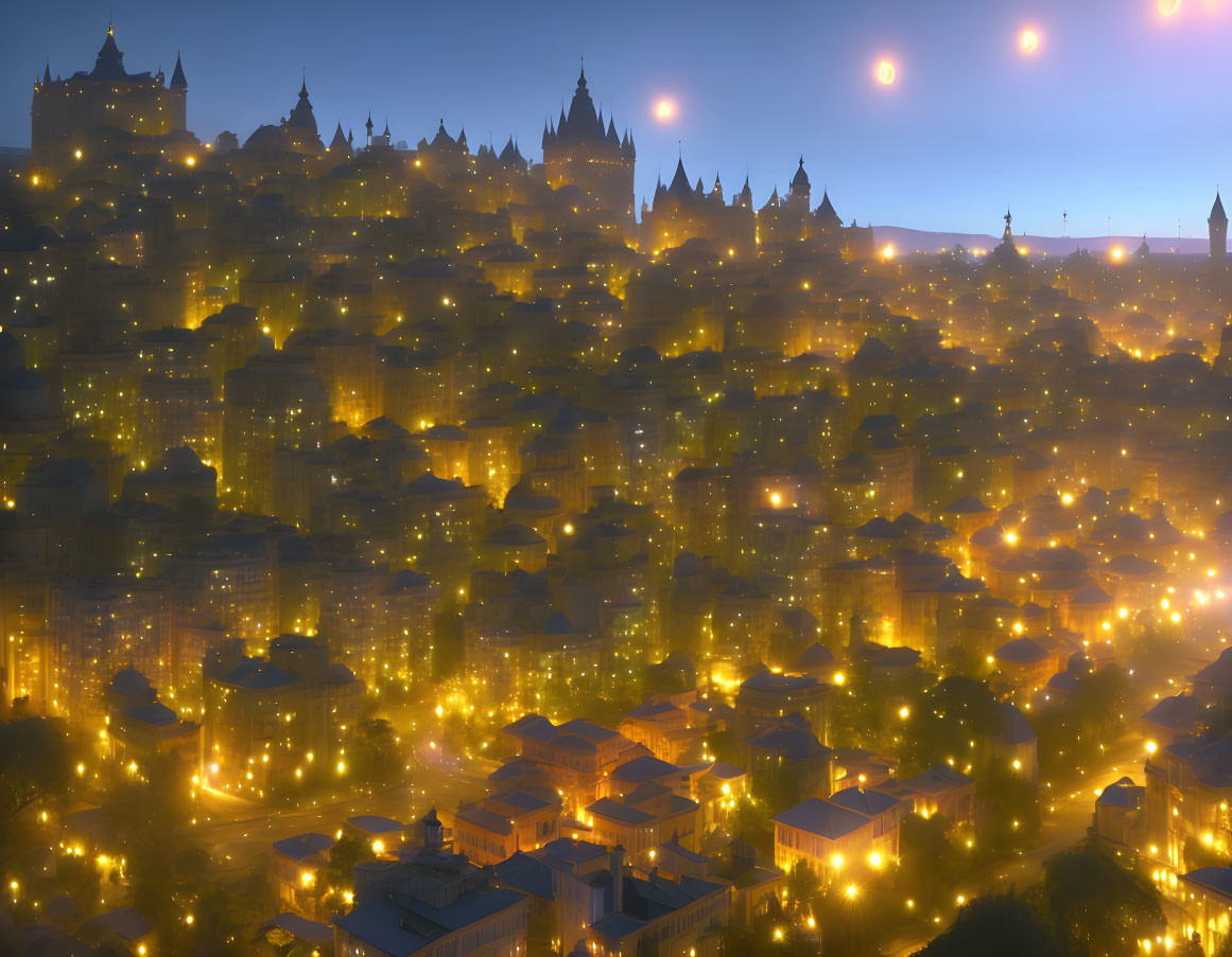 Fantasy city at twilight with glowing lights and turrets.