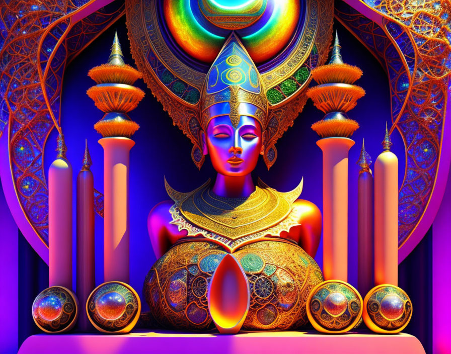 Digital art: Deity with multiple arms and ornate headdress, intricate patterns, glowing orbs