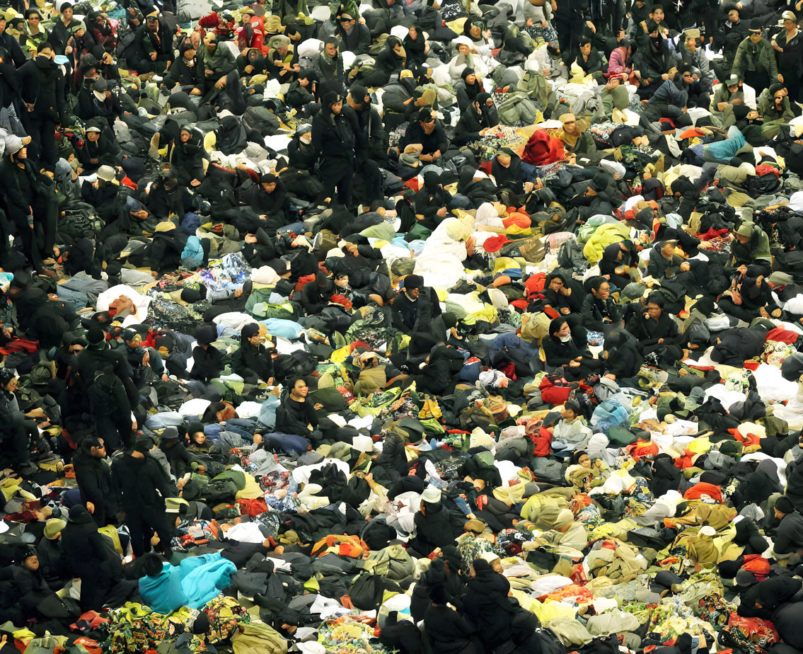 Crowded scene with people sitting on ground among scattered belongings