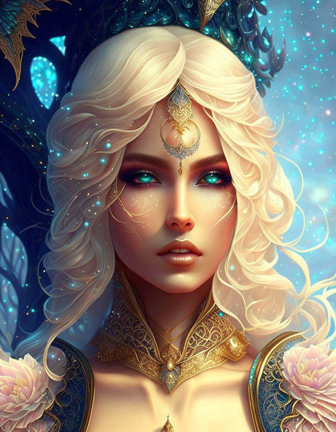 Fantasy character with white hair and gold jewelry on starry background