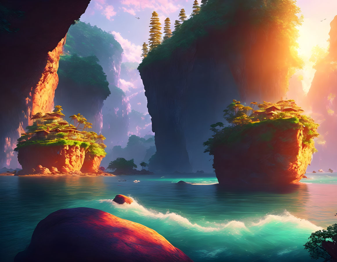 Mystical seascape with towering cliffs and radiant pinkish sky