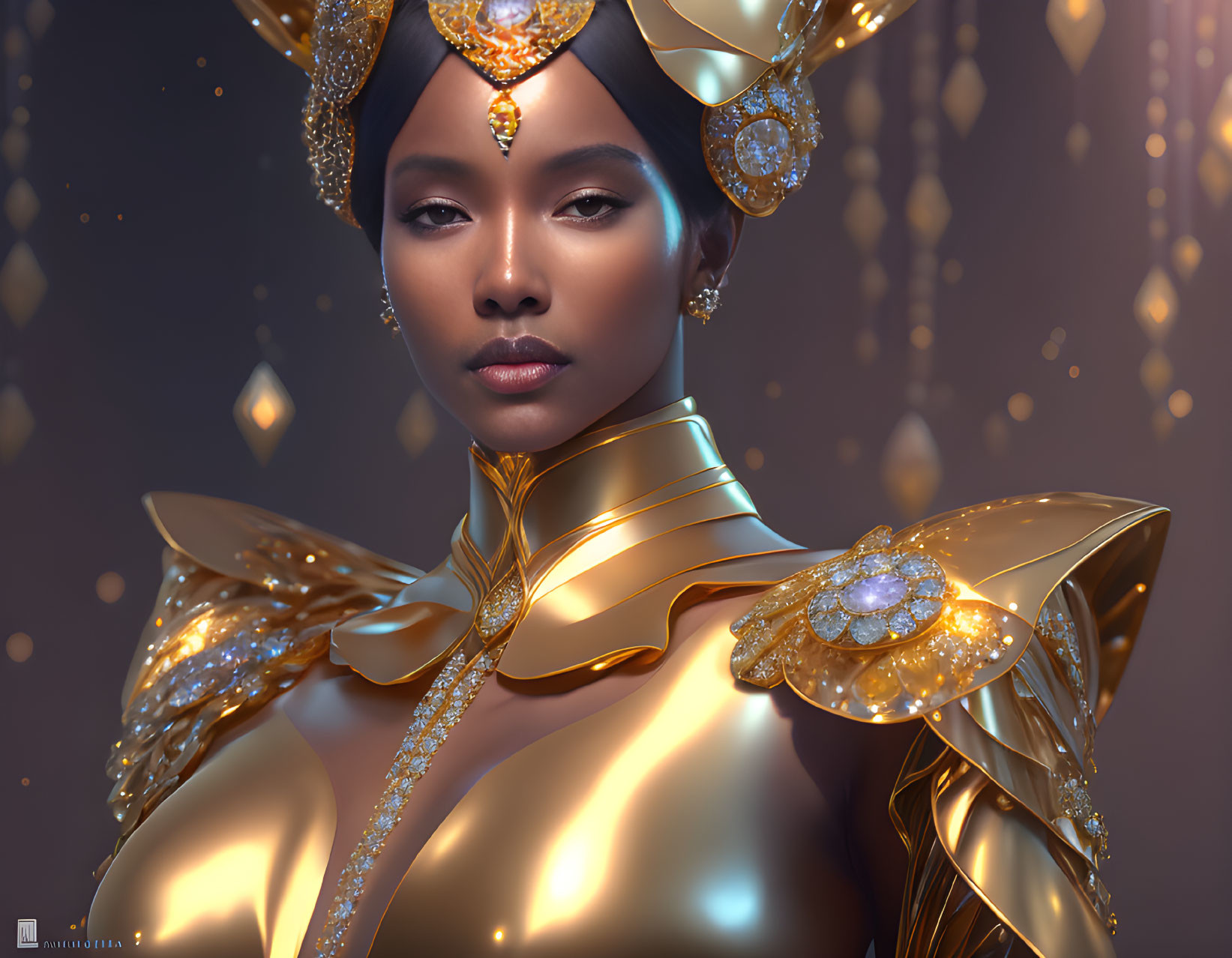 Elaborate golden headdress and jewelry on regal woman against shimmering lights