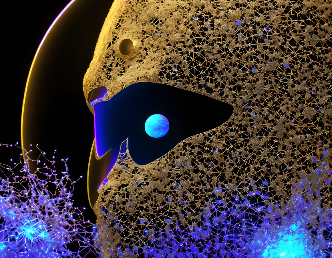 Cosmic-themed digital art with mesh structure, moon, planets, and rocket on dark background