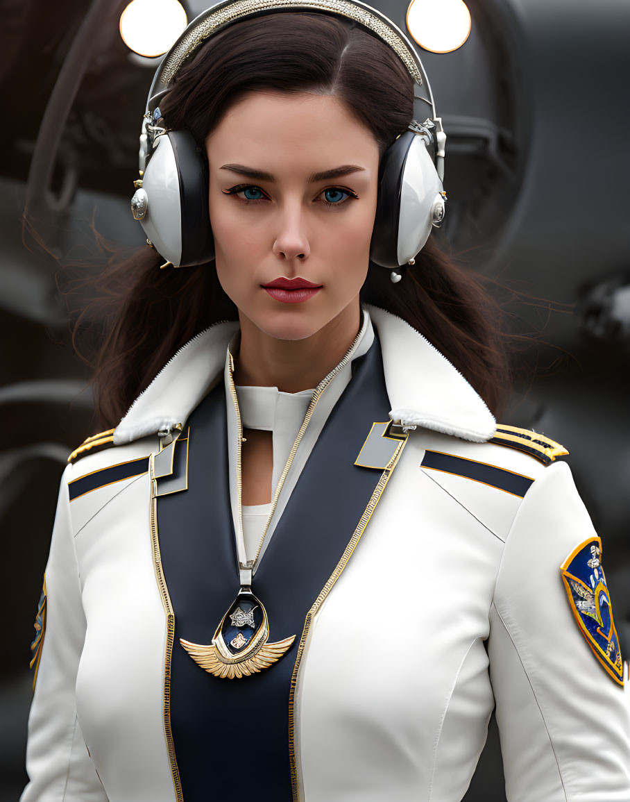 Female pilot in white and gold uniform standing by aircraft