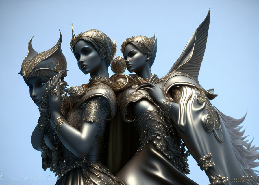 Three metallic female warrior statues with intricate armor and wing-like adornments on blue background