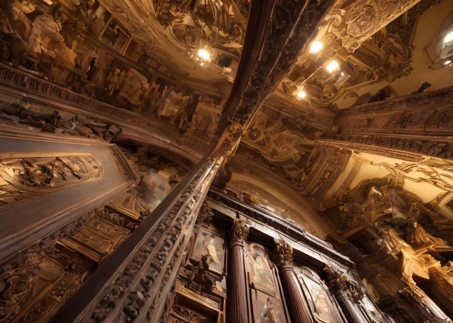 Opulent Baroque interior with wooden carvings, sculptures, and frescoes from a low angle